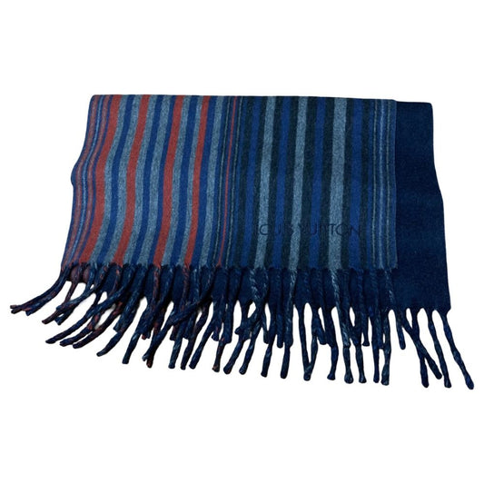 Louis Vuitton Striped Pattern Double Face Cashmere Wool Fringe Scarf Navy