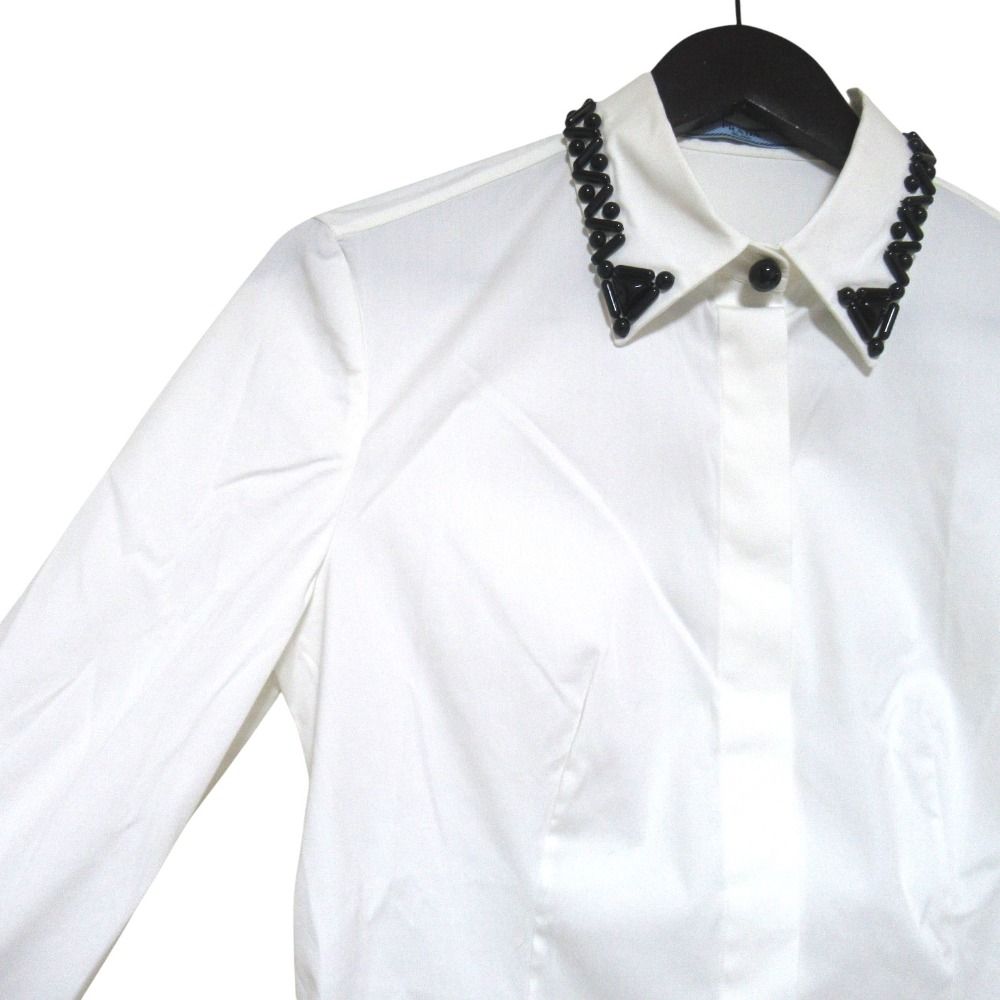 Prada Bead Decoration Color Cutting Long Sleeve Stretch Shirt Blouse 40 White — view 3