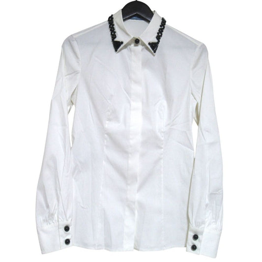 Prada Bead Decoration Color Cutting Long Sleeve Stretch Shirt Blouse 40 White