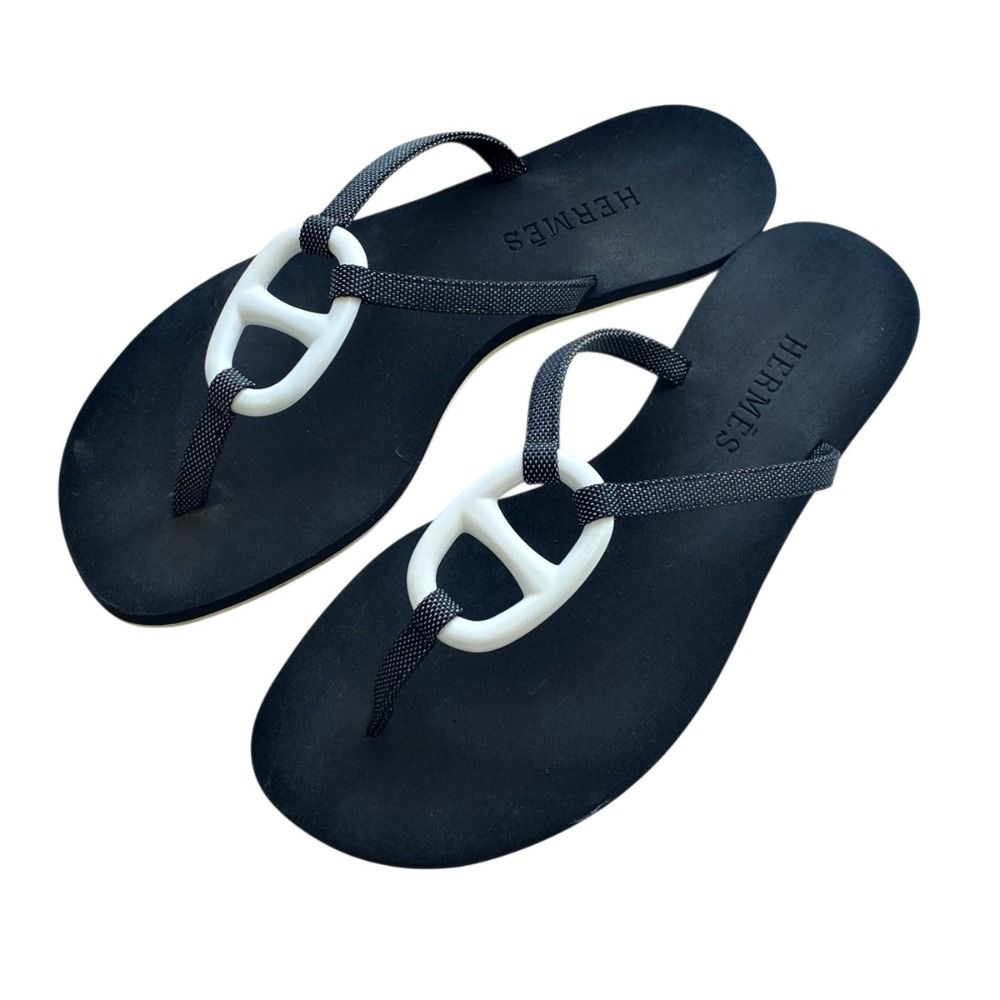 Hermes Caranella Chaine D'ancre Beach Sandals Around Black