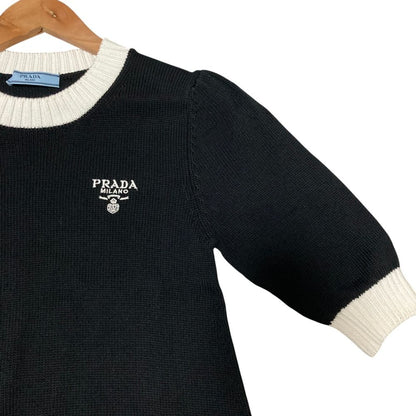 Prada Logo Embroidery Cotton Knit Mini Dress 36 Black White — view 3