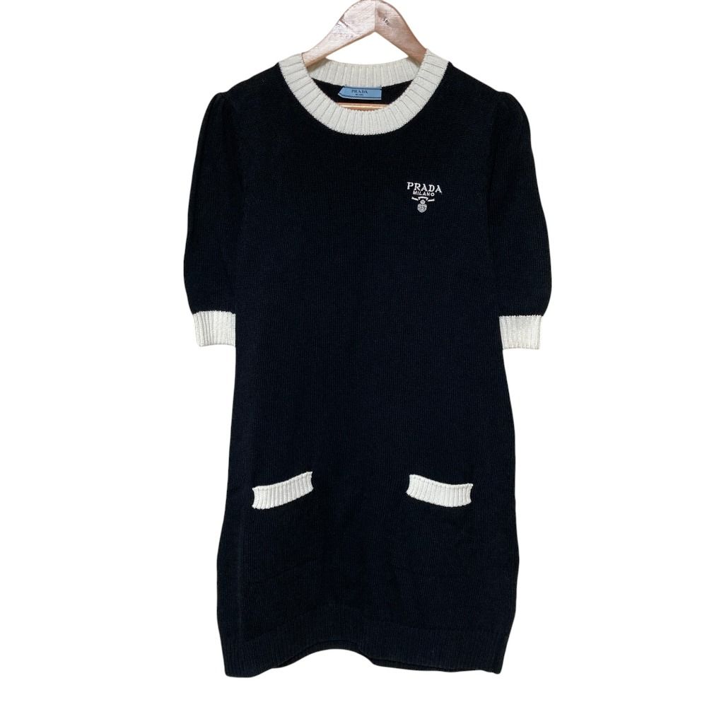 Prada Logo Embroidery Cotton Knit Mini Dress 36 Black White