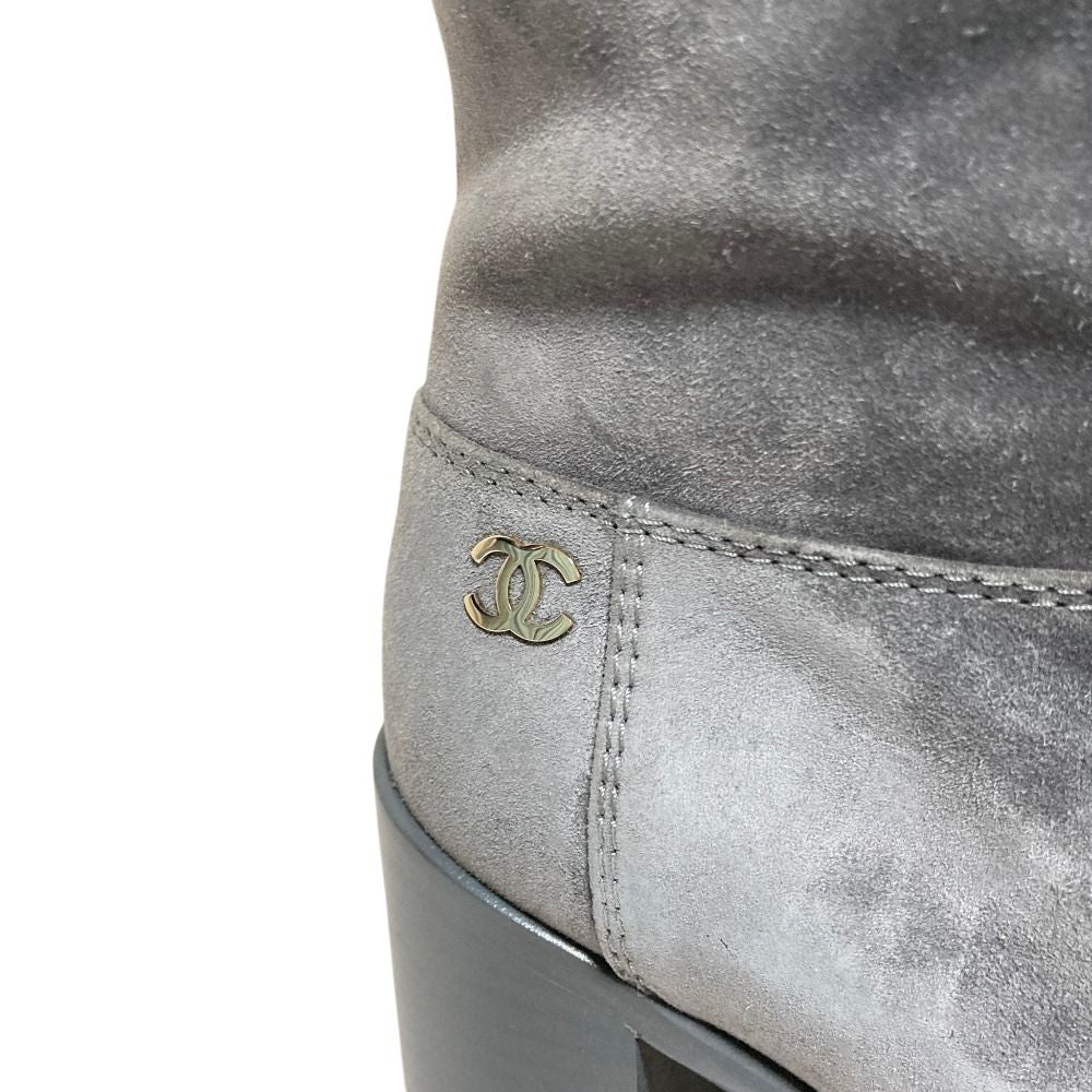 Chanel CC Logo Suede Leather Long Boots 36 Gray — view 6
