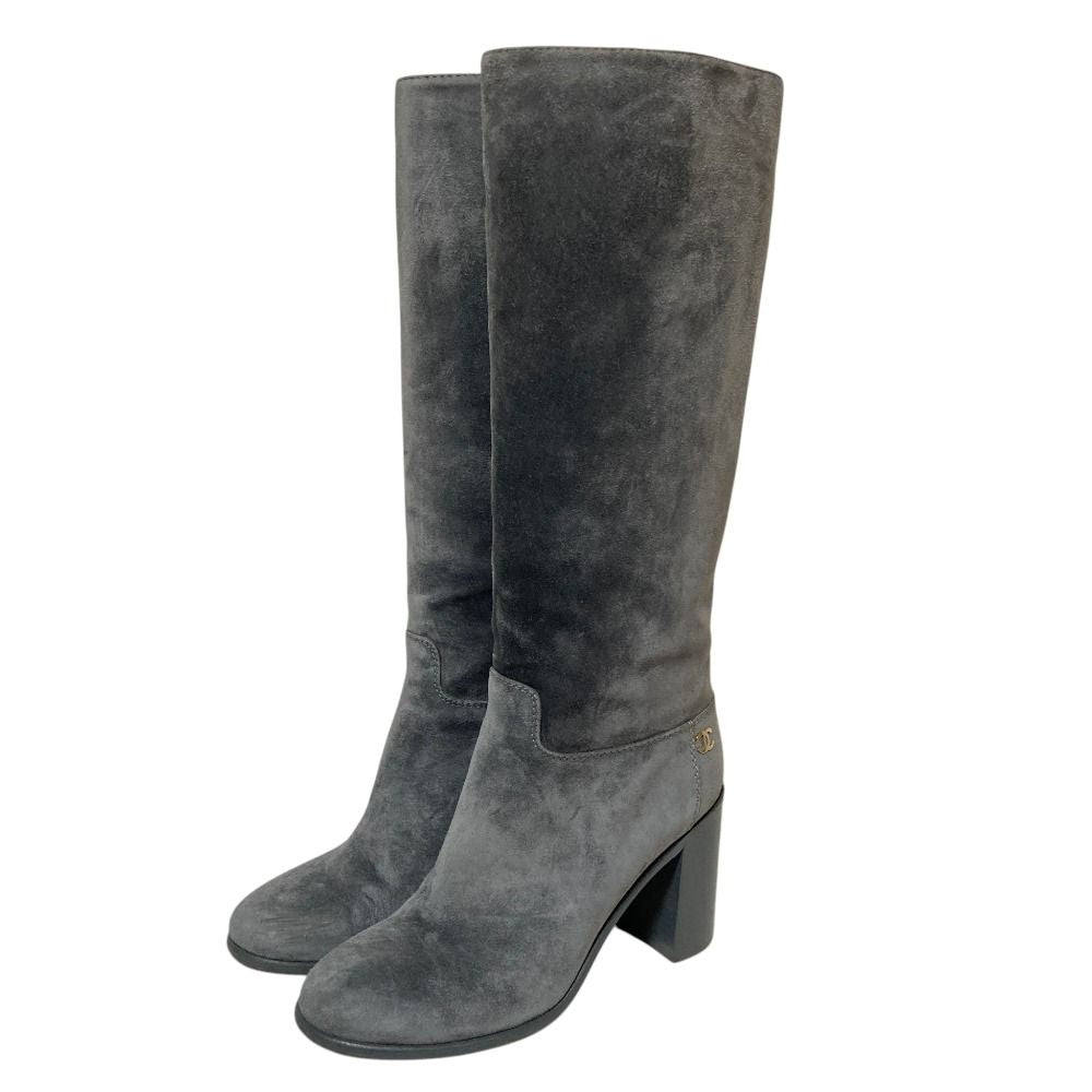 Chanel CC Logo Suede Leather Long Boots 36 Gray