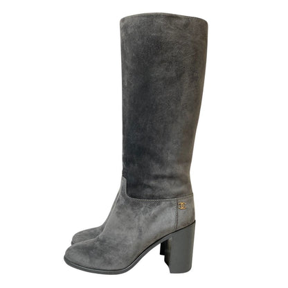 Chanel CC Logo Suede Leather Long Boots 36 Gray — view 2