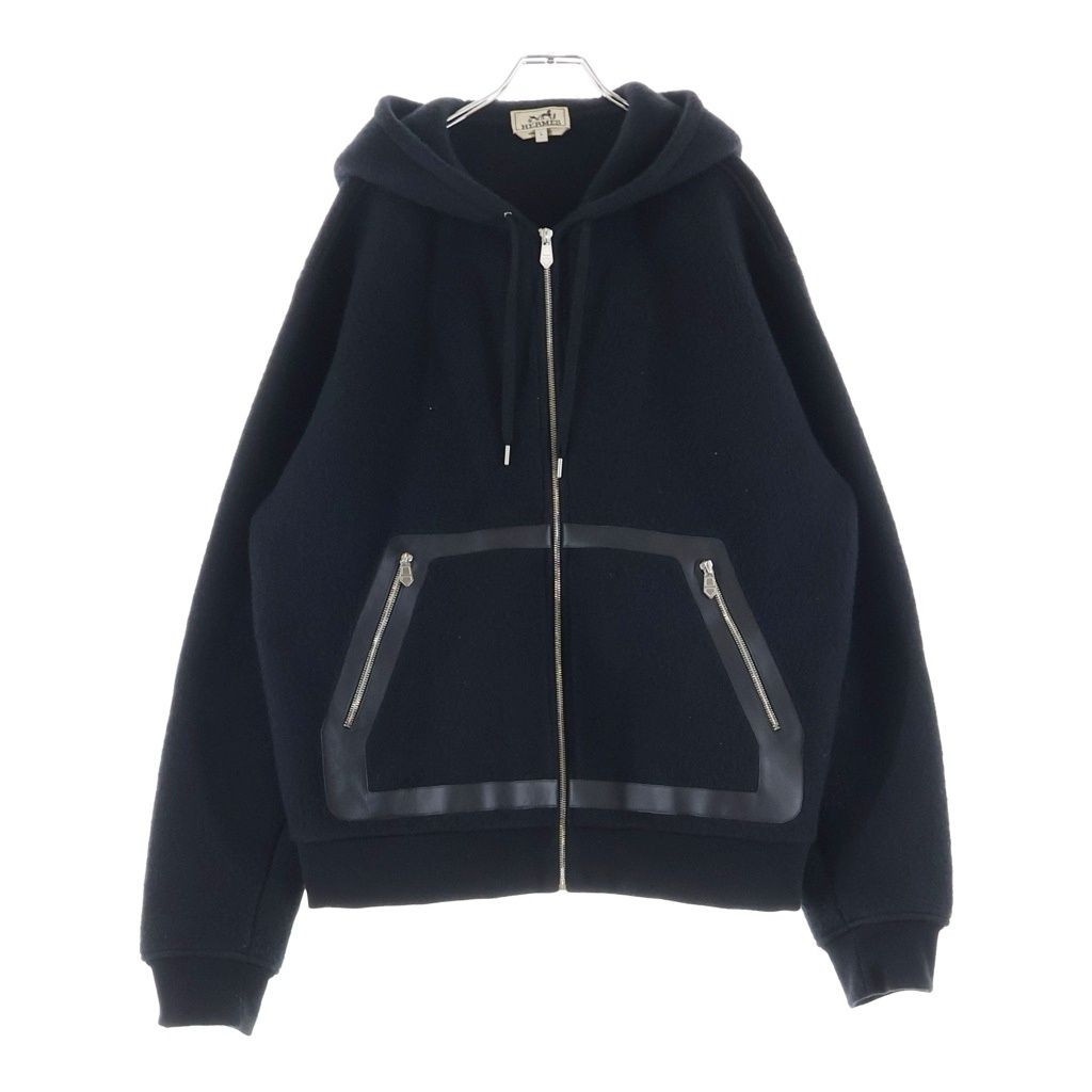 Hermes Zip Up Hoodie Leather Trim Black