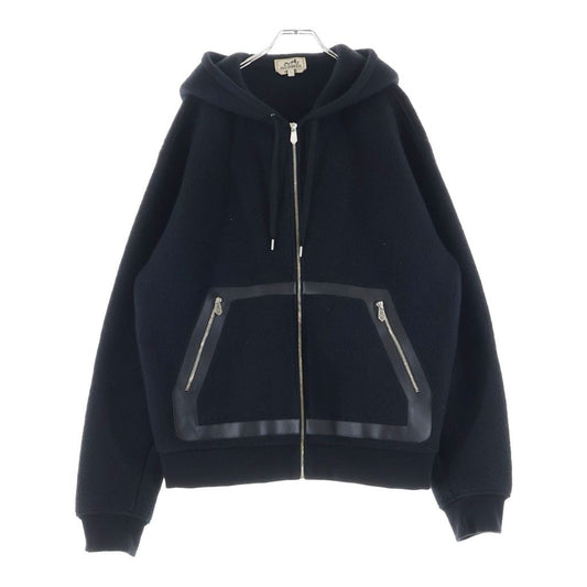 Hermes Zip Up Hoodie Leather Trim Black