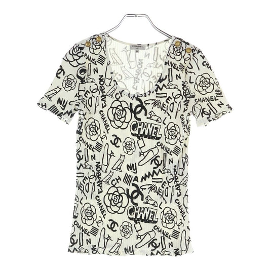 Chanel CC Logo Camellia Graphic T-Shirt White Cotton 34