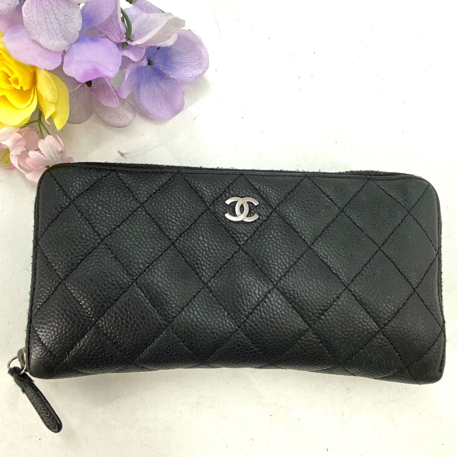 Chanel Wallet Quilted CC Logo Caviar Leather Black Zip Around Card — view 2