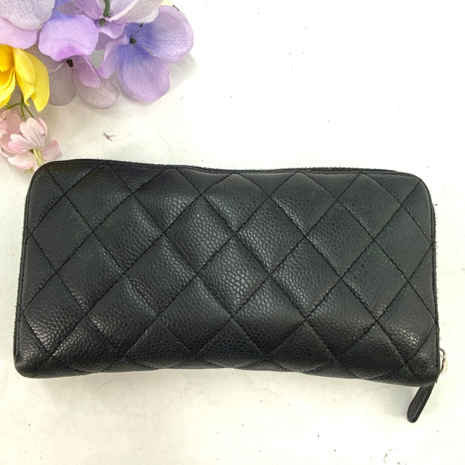 Chanel Wallet Quilted CC Logo Caviar Leather Black Zip Around Card — view 3