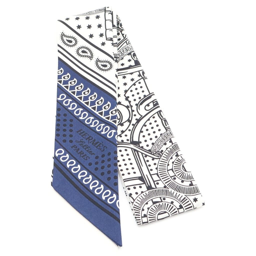 Hermes Twill Eperon D' or Yellow Gold Spurs Scarf White Navy