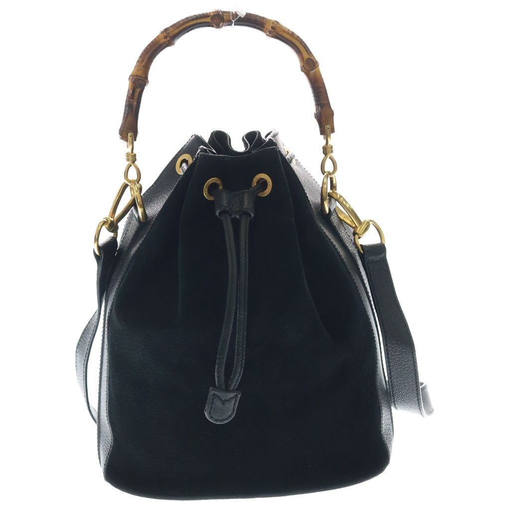Gucci Bamboo 2-Way Shoulder Bag Black Suede Leather 001 Gold
