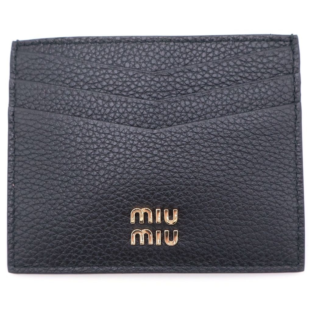 Miu Miu Metal Logo Card Holder Case Business Black Calf Leather Gold
