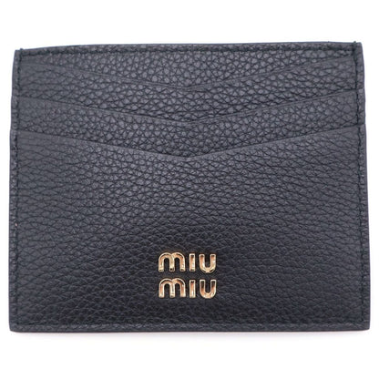 Miu Miu Metal Logo Card Holder Case Business Black Calf Leather Gold