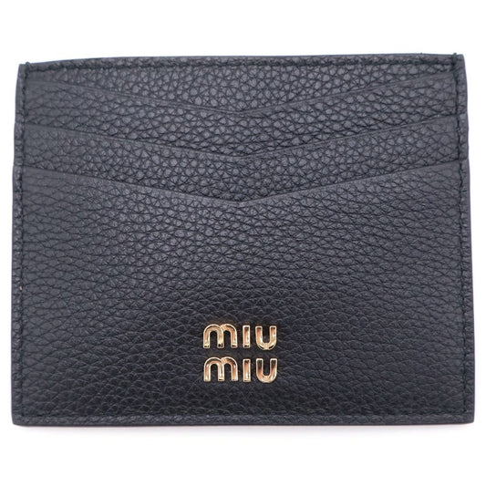Miu Miu Metal Logo Card Holder Case Business Black Calf Leather Gold
