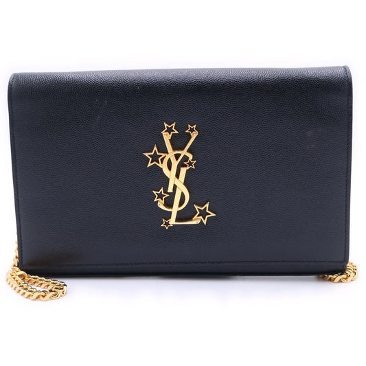 Saint Laurent Paris Star Logo Chain Shoulder Wallet Bag Black Leather Gold
