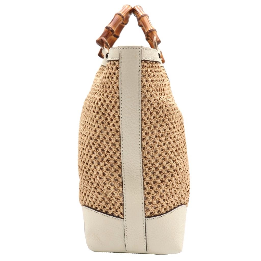 Gucci Bamboo Handbag Basket Bag Beige White Leather Straw Gold — view 3