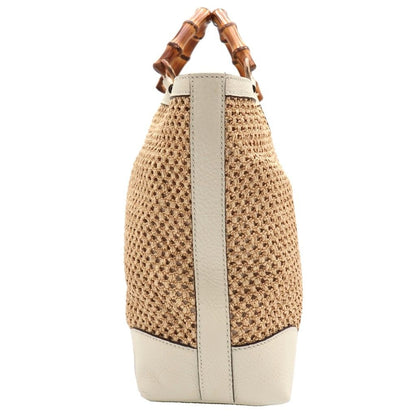 Gucci Bamboo Handbag Basket Bag Beige White Leather Straw Gold — view 3