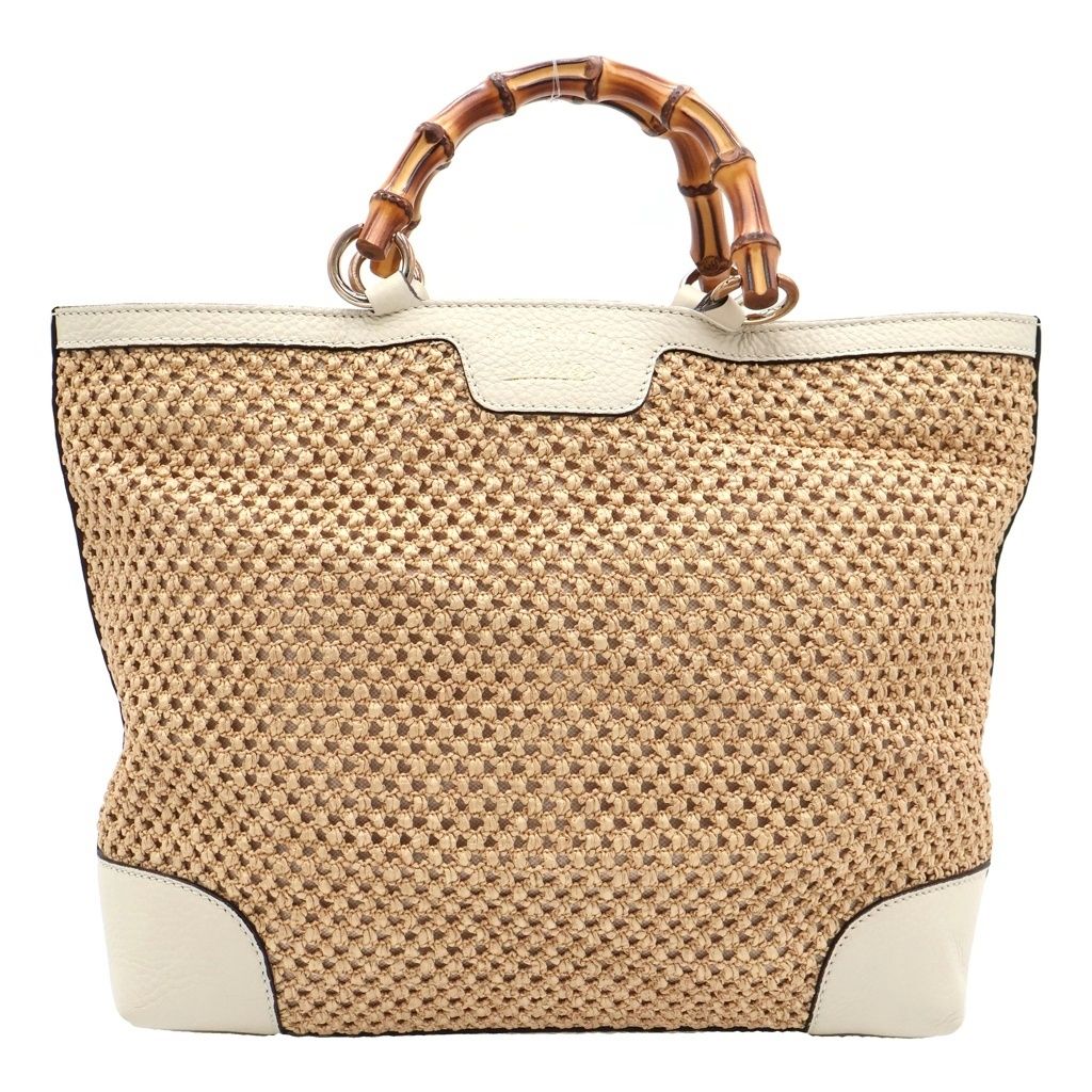 Gucci Bamboo Handbag Basket Bag Beige White Leather Straw Gold
