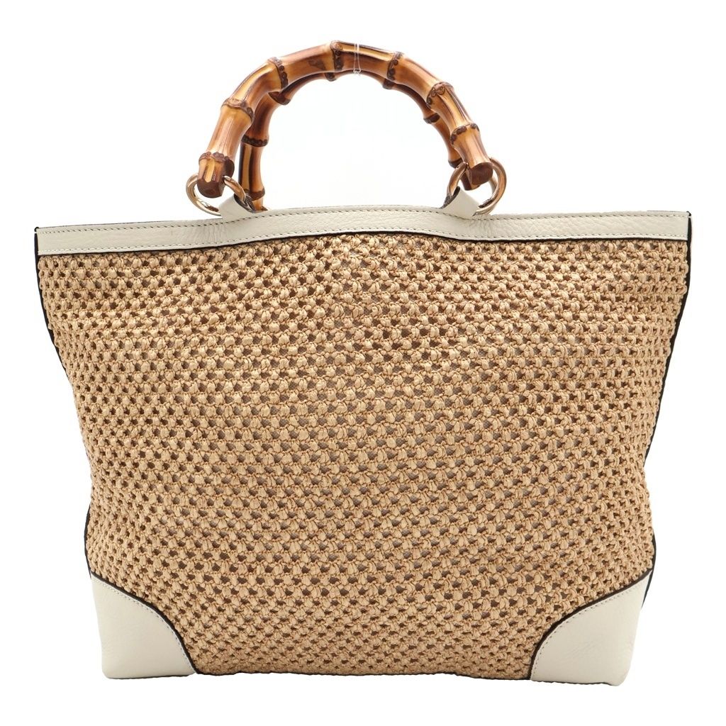 Gucci Bamboo Handbag Basket Bag Beige White Leather Straw Gold — view 2