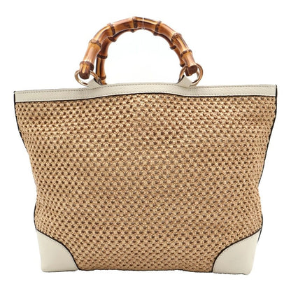 Gucci Bamboo Handbag Basket Bag Beige White Leather Straw Gold — view 2