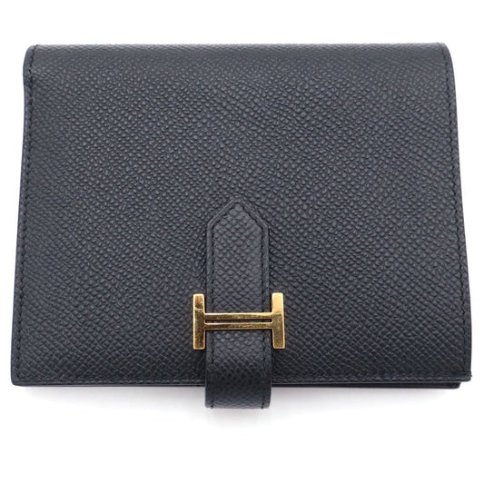 Hermes Bearn Compact Leather Wallet Bifold Gold Black
