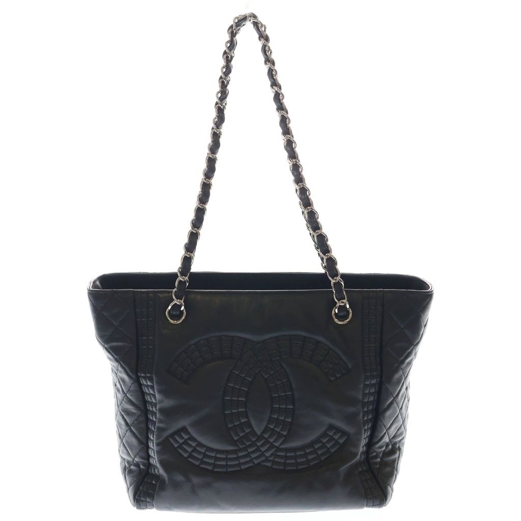 Chanel CC Logo Quilted Lambskin Leather Chain Shoulder Tote Silver Black