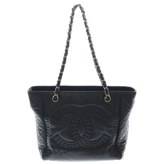 Chanel CC Logo Quilted Lambskin Leather Chain Shoulder Tote Silver Black