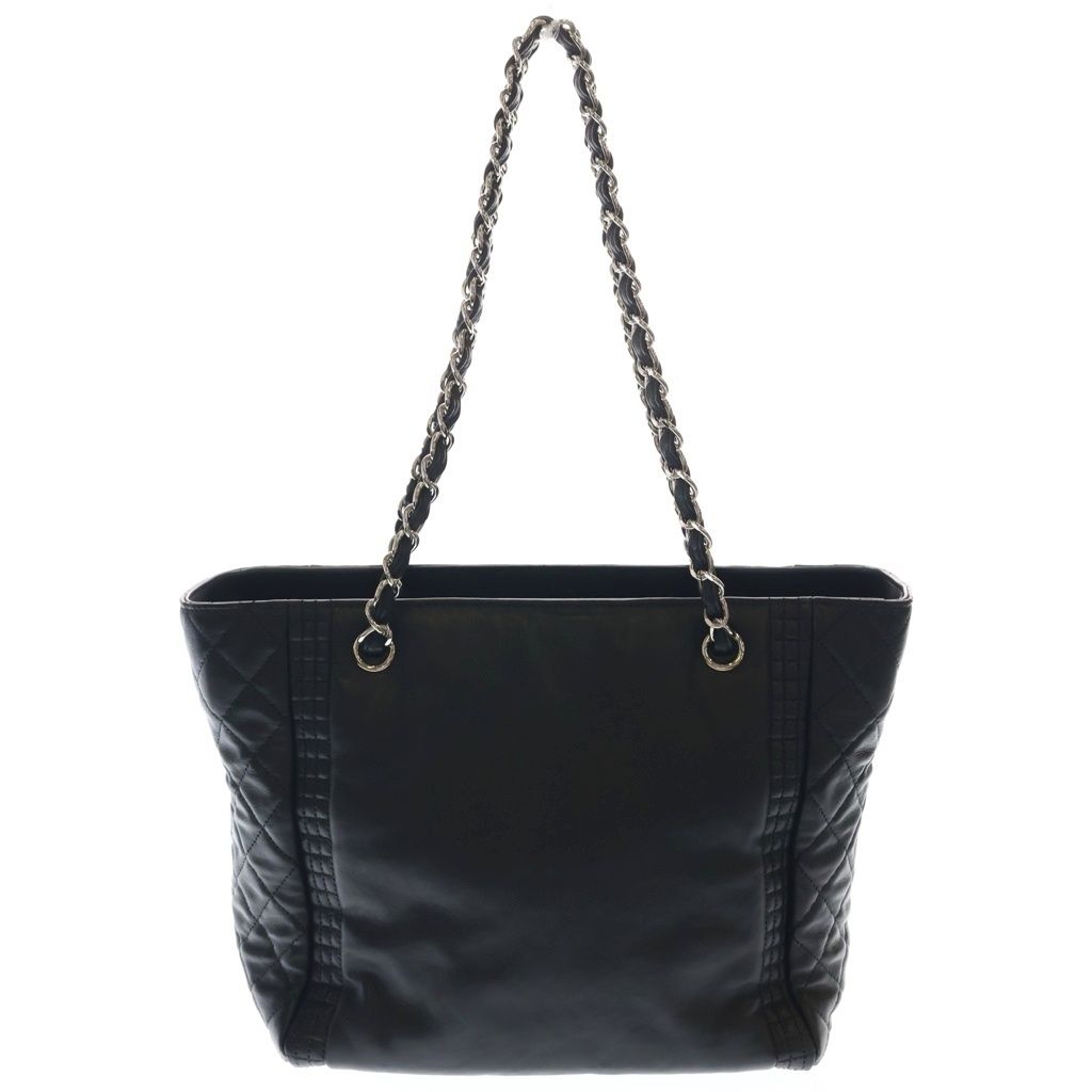 Chanel CC Logo Quilted Lambskin Leather Chain Shoulder Tote Silver Black — view 2