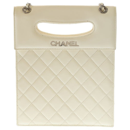 Chanel Logo Chain Shoulder Bag White Lambskin Silver