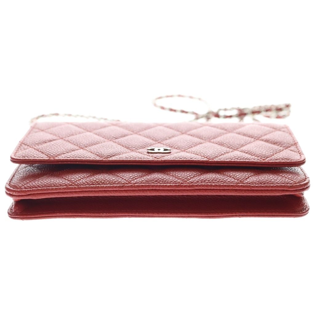 Chanel Quilted Caviar Leather Chain Wallet Shoulder Bag Red Silver — view 4