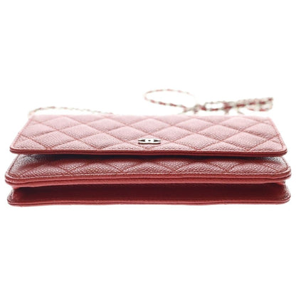 Chanel Quilted Caviar Leather Chain Wallet Shoulder Bag Red Silver — view 4