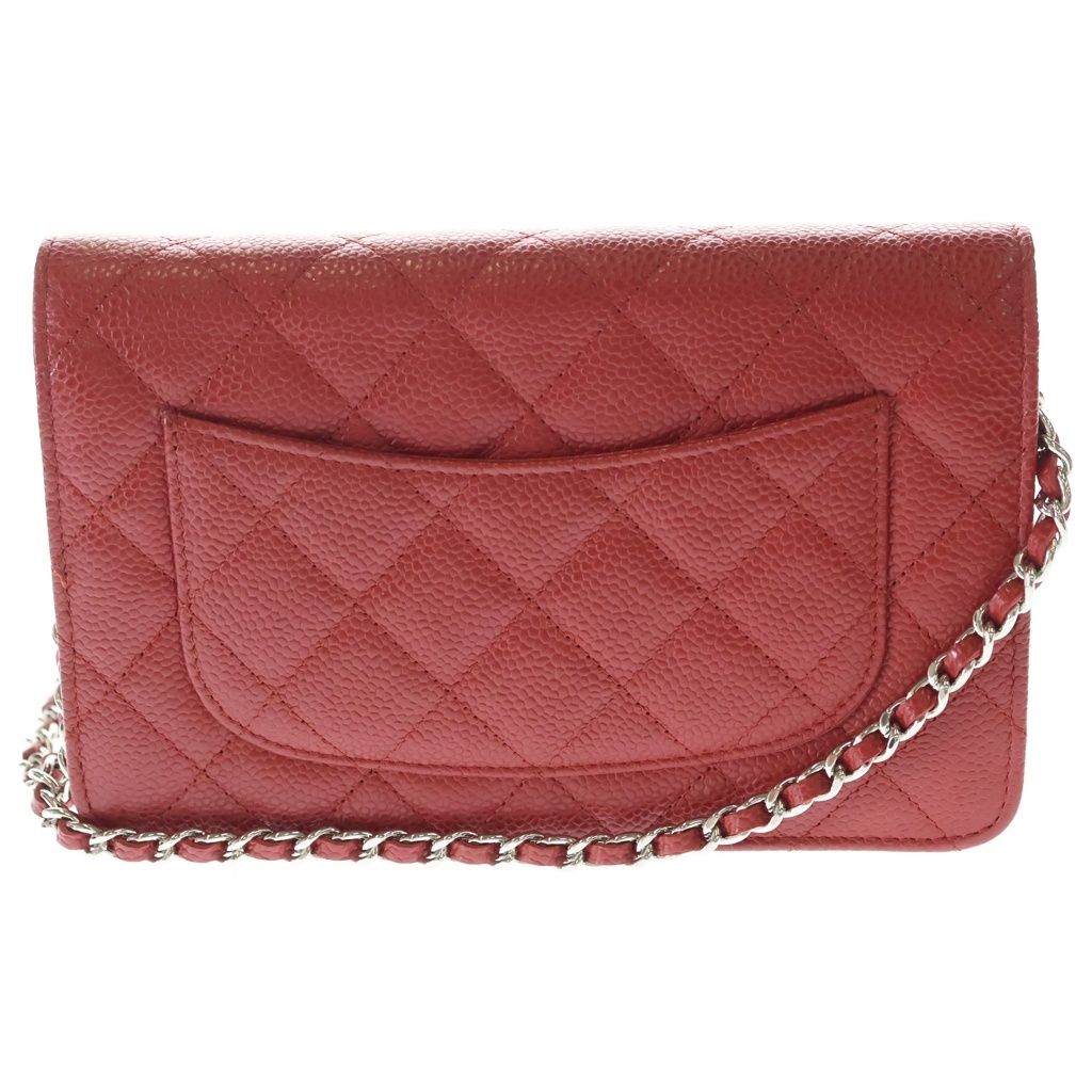 Chanel Quilted Caviar Leather Chain Wallet Shoulder Bag Red Silver — view 2