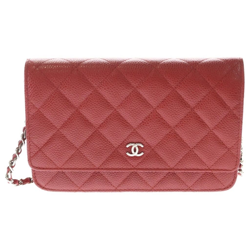 Chanel Quilted Caviar Leather Chain Wallet Shoulder Bag Red Silver