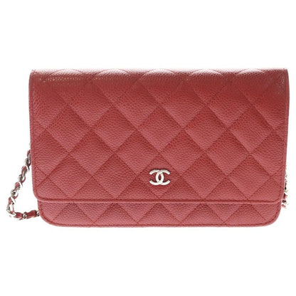 Chanel Quilted Caviar Leather Chain Wallet Shoulder Bag Red Silver
