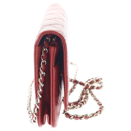 Chanel Quilted Caviar Leather Chain Wallet Shoulder Bag Red Silver — view 3