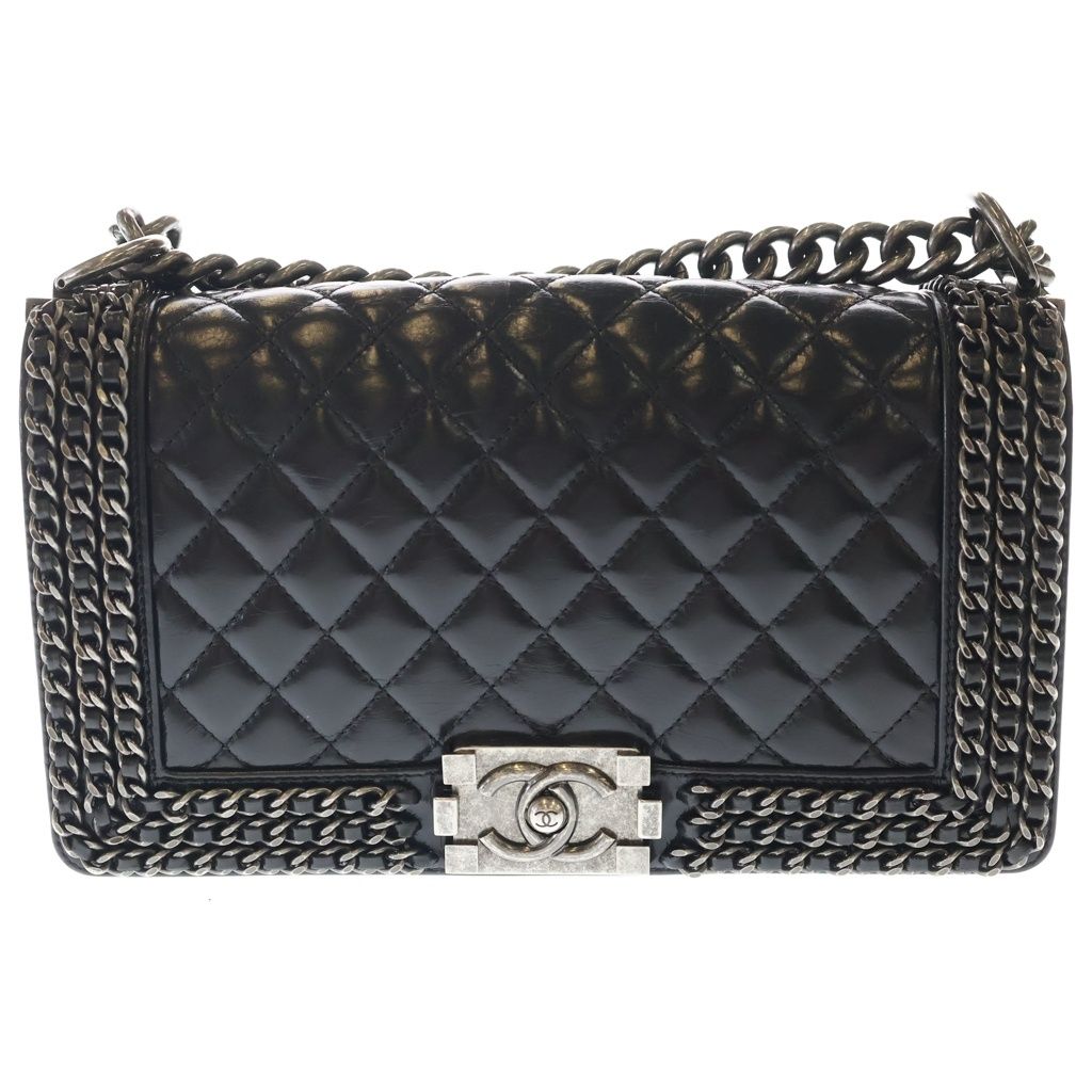 Chanel 25 Chain Shoulder Bag Calf Leather Black Silver