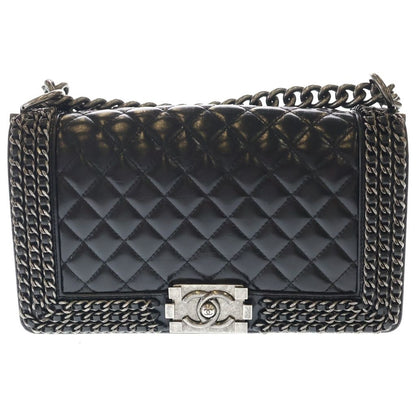 Chanel 25 Chain Shoulder Bag Calf Leather Black Silver