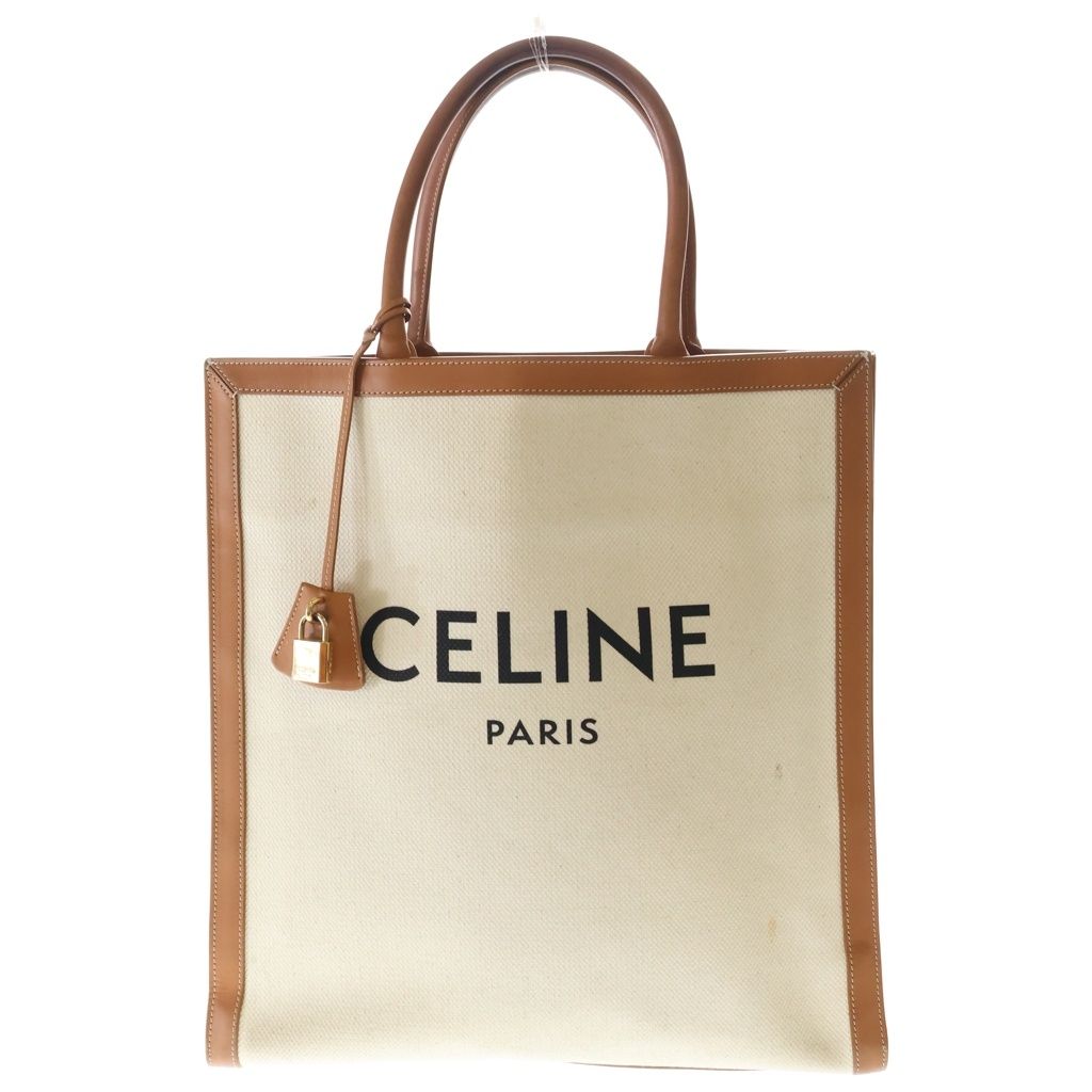 Celine Vertical Cover Canvas Large Tote Brown Ivory Leather Gold