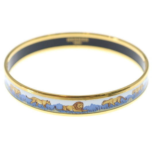 Hermes Enamel Bangle Lion Motif Bracelet White Blue Gold