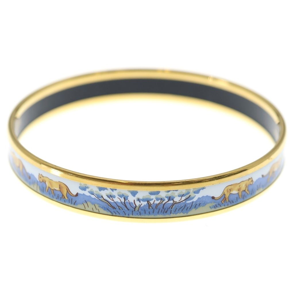 Hermes Enamel Bangle Lion Motif Bracelet White Blue Gold — view 3