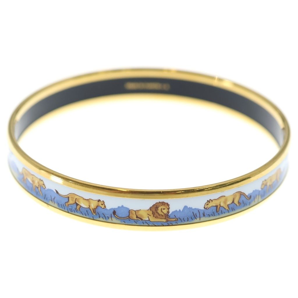 Hermes Enamel Bangle Lion Motif Bracelet White Blue Gold — view 2