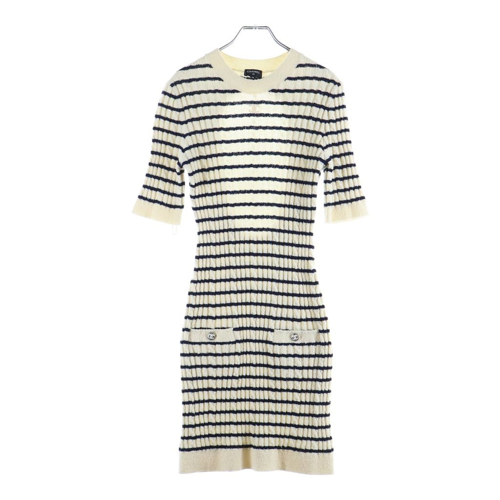Chanel CC Logo Border Wool Knit Dress Black White