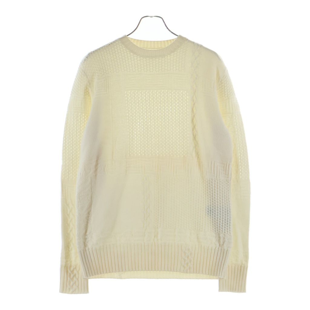 Versace Logo Embroidery Crew Neck Shaggy Knit White Sweater