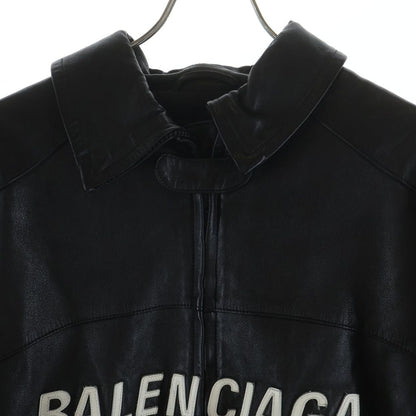 Balenciaga Front Logo Embroidery Zip Up Cow Leather Jacket Blue — view 3