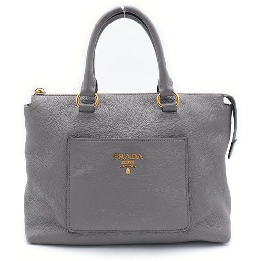 Prada 2-Way Tote Shoulder Bag Gray Leather Gold