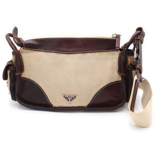 Prada Shoulder Bag Brown Ivory Leather Canvas Silver