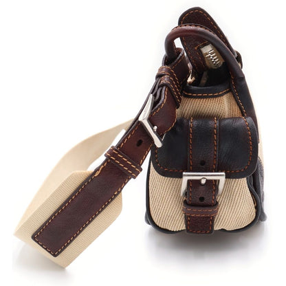 Prada Shoulder Bag Brown Ivory Leather Canvas Silver — view 3