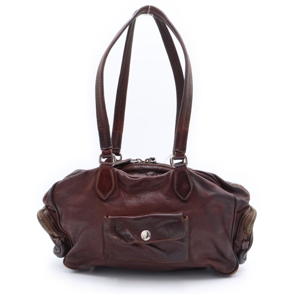Prada Logo Triangle Plate Pocket Washed Leather Boston Bag Brown Silver — view 2