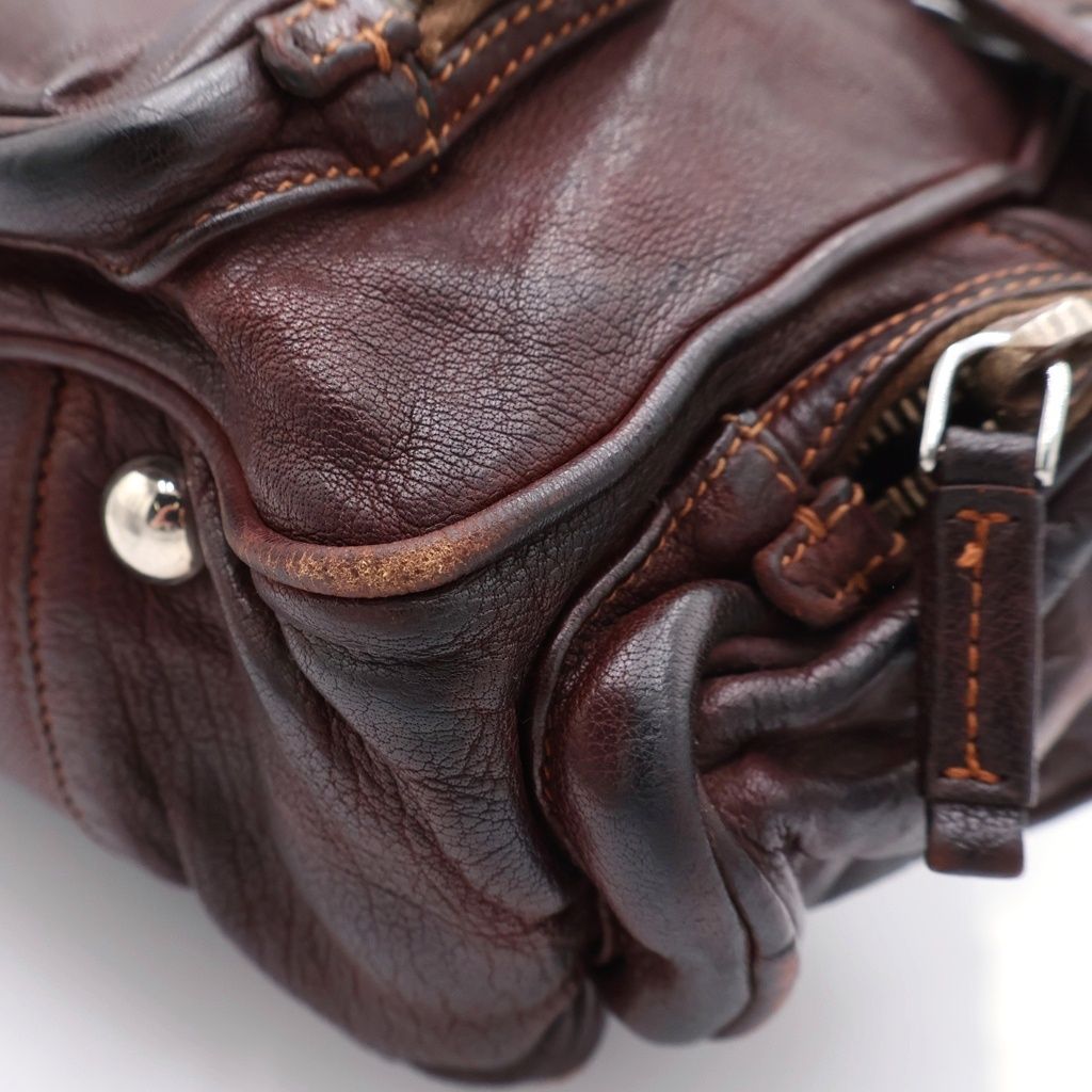 Prada Logo Triangle Plate Pocket Washed Leather Boston Bag Brown Silver — view 6